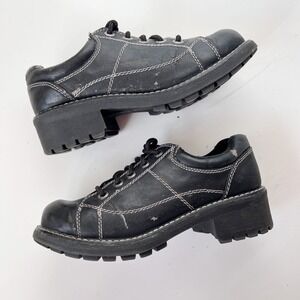 Vintage 90s Chunky Black Lace Up Oxford Shoes Women Size 6.5 Faux Leather Preppy